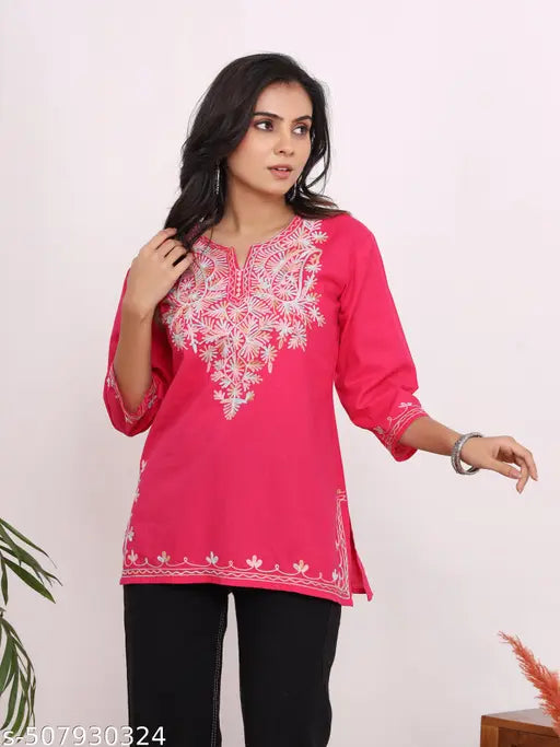 Women Embrodery Pink Top  Tunic_Top Kurti_Top