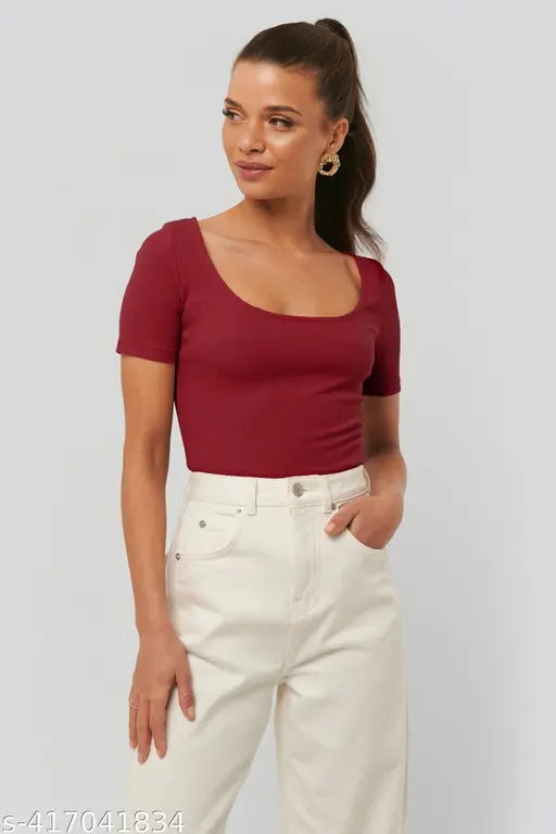 Redamancii Scoop Neck Short Sleeve Casual Ribbed Top for  Girls and Women