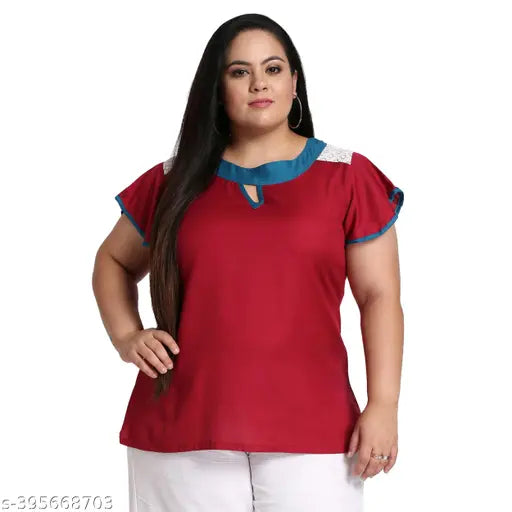 FAZZN Plus Size Versatile Maroon Round Neck Short Sleeves Rayon Top