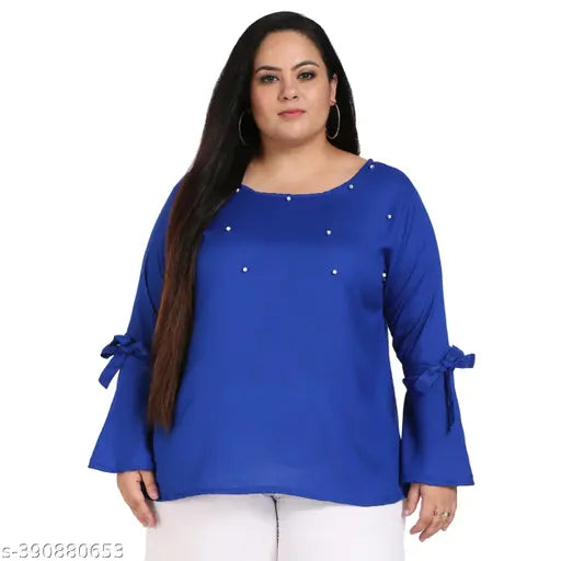 FAZZN Plus Size Elegant Blue Round Neck Full Sleeves Rayon Top