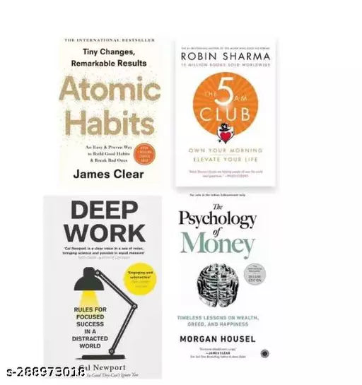 The Psychology of Money+ The 5 AM Club+ Atomic Habit+Deep Work (SET 0F 4 BOOKS)  (Paperback  Cal Newport   james clear   MORGAN HOUSE  ROBIN SHARMA)