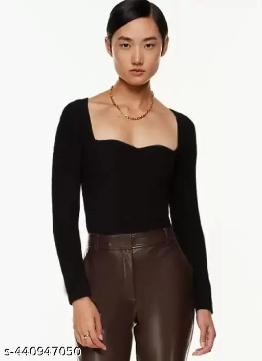 Heart Neckline Rib Top Long Sleeves
