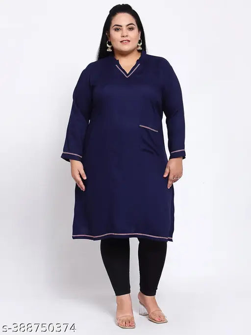 FAZZN Plus Size Blue Rayon Knee Length Straight V Neck Kurti with Full Sleeves