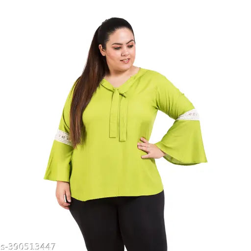 FAZZN Plus Size Green Rayon V-Neck Full Sleeves Solid Top