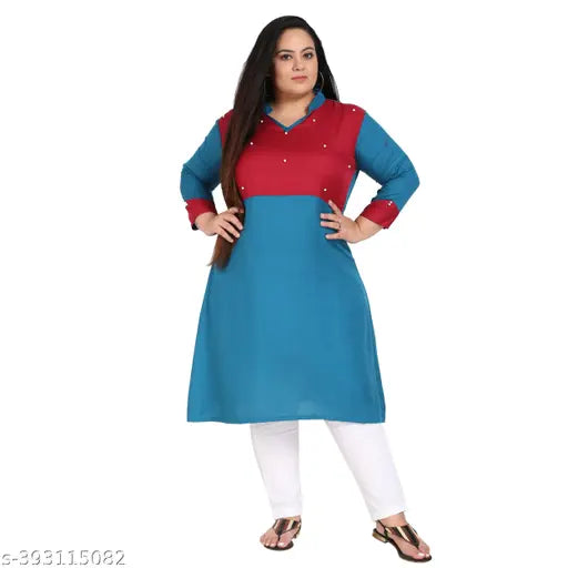 FAZZN Plus Size Multi Rayon Straight V Neck Solid Sleeveless Kurti