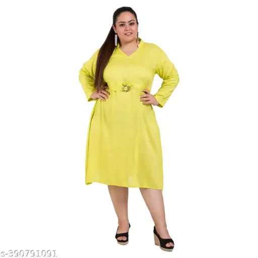 FAZZN Plus Size Green Rayon Knee Length V Neck Full Sleeves Dress with Customization