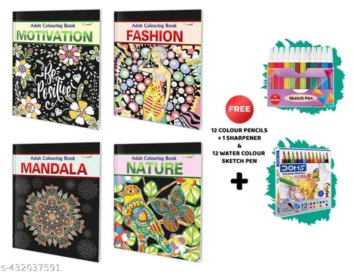 Motivation - Adult Colouring Book  Fashion - Adult Colouring Book  Mandala - Adult Colouring Book  Nature - Adult Colouring Book  12 WATER COLOUR SKETCH PEN and 12 COLOUR PENCILS + 1 SHARPENER