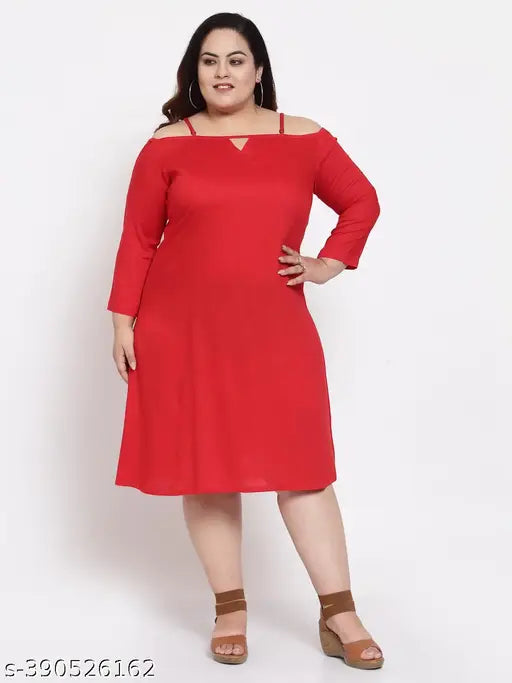 FAZZN Plus Size Red Rayon Knee Length Spaghetti Strap Dress with Full Sleeves