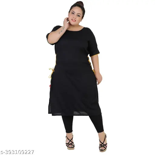 FAZZN Plus Size Customizable Knee Length Black Rayon Kurti with Round Neck and Half Sleeves