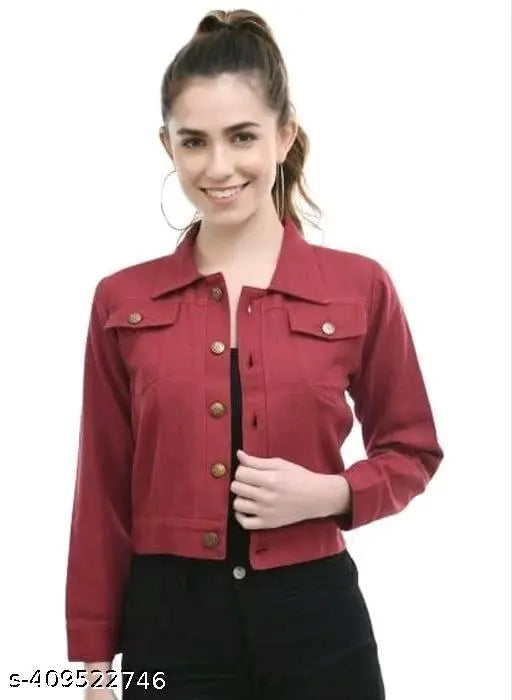 Nature Craft Maroon Denim Collar Neck Full Sleeve Women Solid Regular Jacket