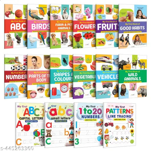 My First Book of ABC  Numbers  Fruits  Birds & many more and My First Capital and Small  Numbers 1-10 and Line Tracing Patterns Writing Fun book : Kids Educational Writing book - Pack of 16 books