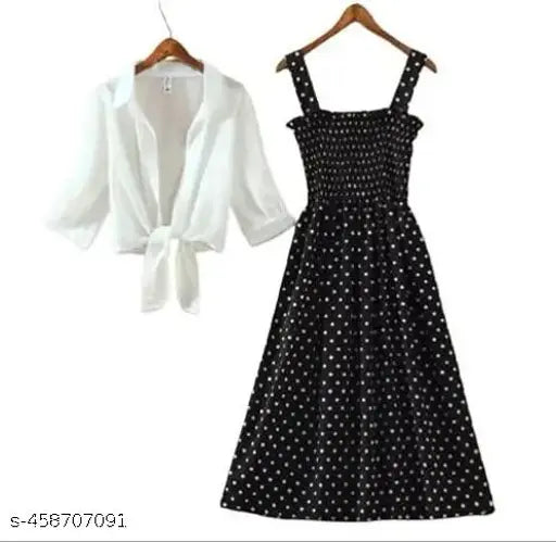 Nature Craft Women Stylish and Trendy Polka Stripe White Shrug Smoking Black Dress for women