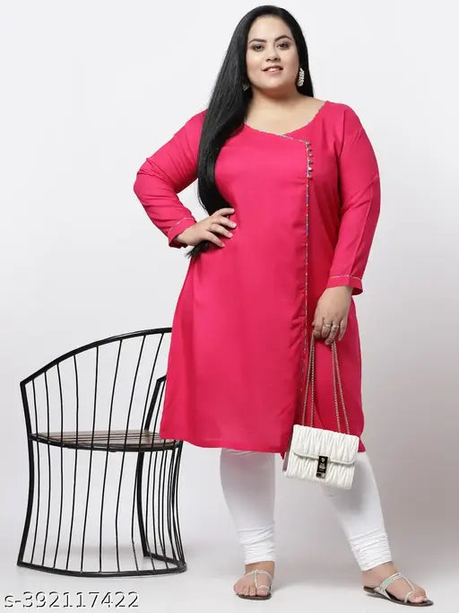 FAZZN Plus Size Pink Rayon Solid Angrakha Kurti with Customization