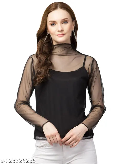 Women Girls Solid Mesh Tops & Tunics