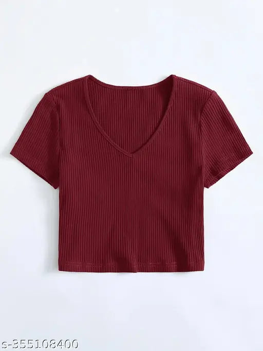 Women Casual Wear V Neck Half Sleeve Cotton Blend Ribbed Crop Top for women and Girls