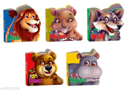 Lion  Rhinoceros  Wolf  Bear and Hippo board book for kids : Board book for kids  Animal board book for kids  Die cut board books for kids - Set of 5 board books for kids
