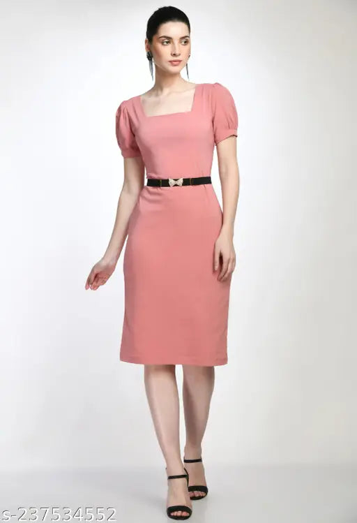 Elegant Solid Belted Sheath Dress