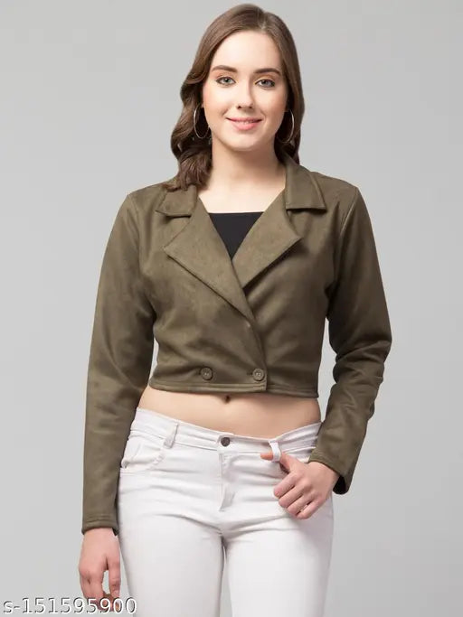 Women Solid Double-Breasted Casual Suede Blazer