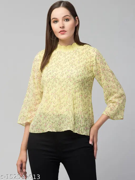 Women Pleated Ribbed Neck Floral Top