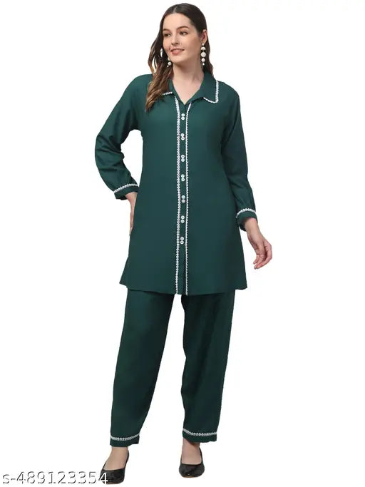 women solid full sleeve western kurti with pants set