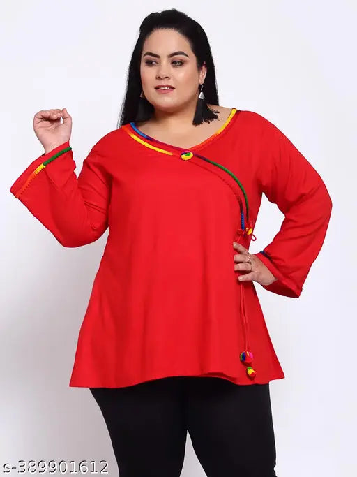 FAZZN Plus Size Red Rayon Surplice Full Sleeves Top