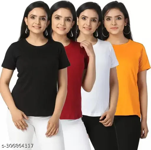 Women's Solid Round Neck Half Sleeve Combo T-shirts - Women's Combo T-shirts Pack of 4 Tshirts 