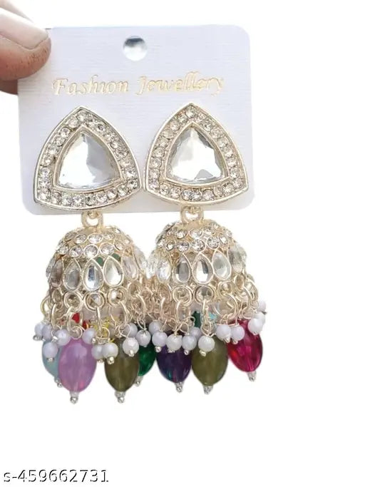 Silver Plated Jhumka Earrings - Multicolour Earrings 