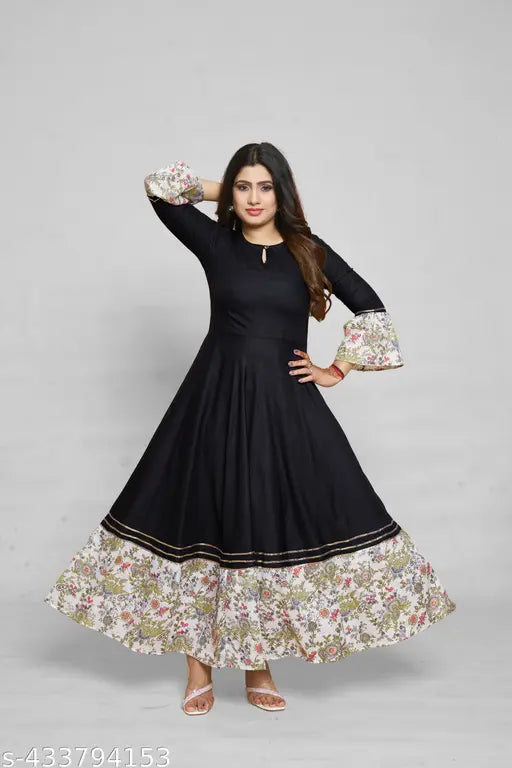 Ashima Designer Black Color Solid Print Ballon Sleeves Frill Designer Rayon Flared Gown