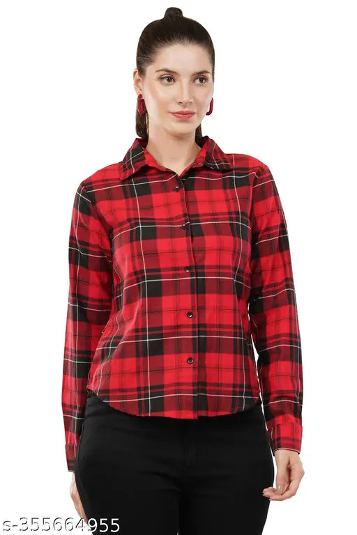 Stylish Partywear Women Shirts / Regular Fit Checkered Spread Collar Casual Shirt