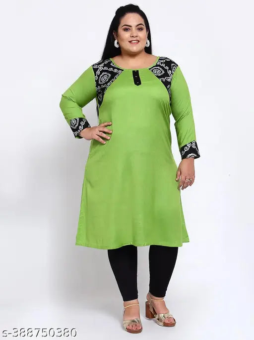 FAZZN Plus Size Green Rayon Knee Length Straight Kurti with Boat Neck and Full Sleeves