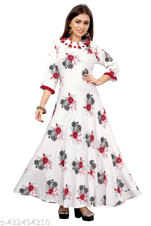 Ashima Designer White Color Floral Print Round Neck Premium Rayon Fashionable Pattern Anarkali Flared Gown