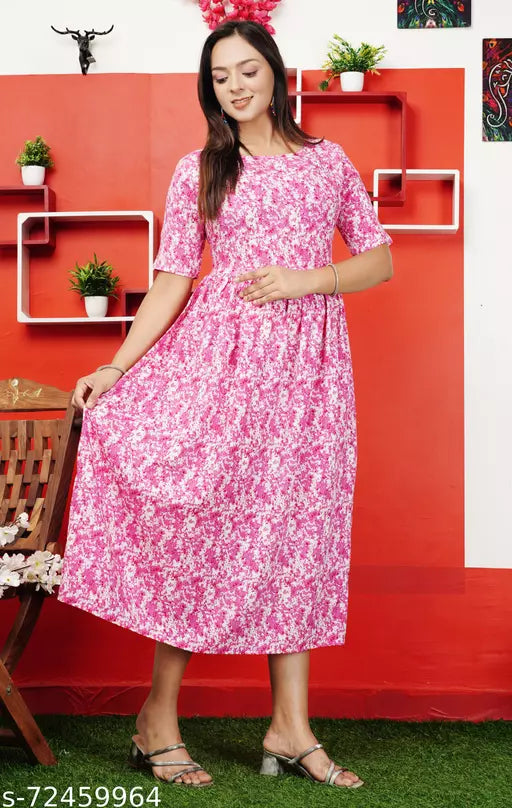Charvi Fashionable Gold Printed Teal Rayon Flared Dresses