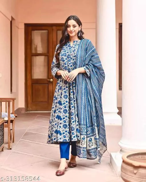 Anni Designer Women's Rayon Blend Blue Anarkali Printed Kurta with Pant & Dupatta