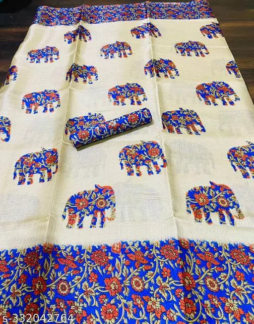 ELEPHANT PRINTED KHADI SILK BLENDED LIGHT WEIGHT COMFERTABLE WEAR SAREE WITH BLOUSE