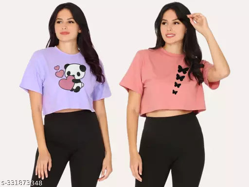 Trendy Feminine Printed Crop Tshirt Round Neck Top For Womens(Pack Of 2)