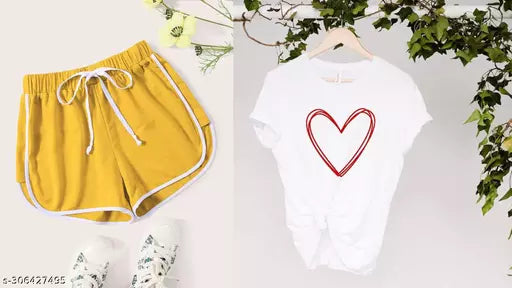 Vivient Women Mustard Shorts and White Heart Printed T-Shirt Combo