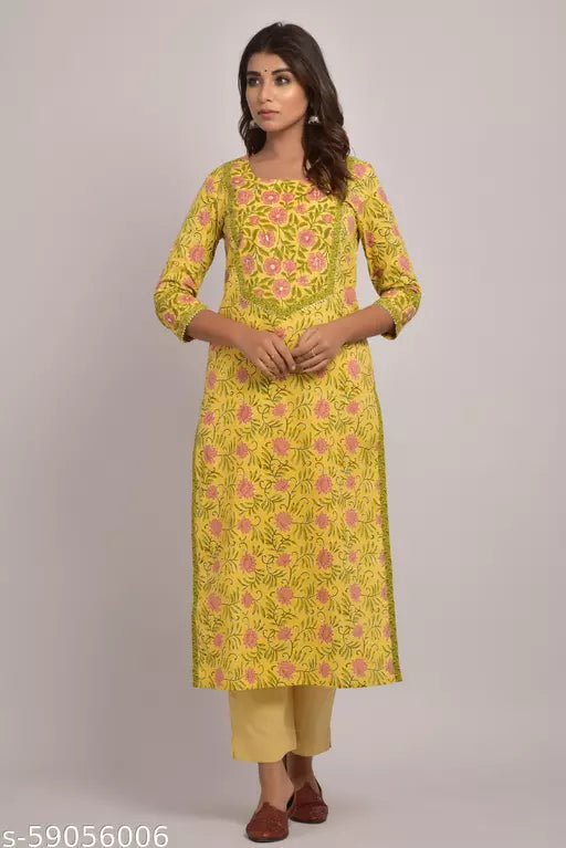 Swasti Plus Size Women Printed Pure Cotton Straight Kurta  (Yellow)