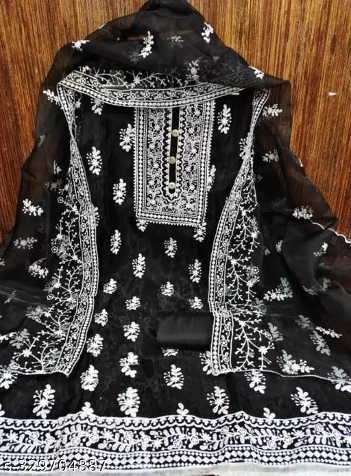 Jivika Graceful Salwar Suits & Dress Materials Exclusive Fancy Women's Designer Chainstich Embroidered Multiwork Double Sequence Black Floral Embroidered Organza Suits & Dress Materials