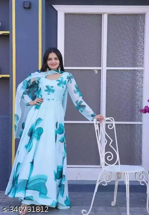 Discover Elegant Georgette Fabric Teal Color Maxi Dress Gowns with Matching Dupatta Sets for Women in our Exquisite Collection