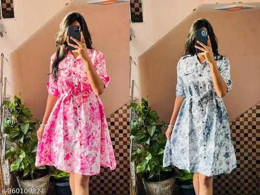 JKP COLLECTION  Women's & Girls's Stylish Rayon Collared Shirt Flared Mini Dress with Waist Belt  Pack Of 2 Pink  Grey