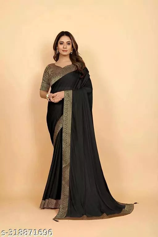 Bhagalpuri Soft Silk Black Lace border BLACK Saree With NEW MAHARANI BLACK  BORDER Blouse BY KRADDLE
