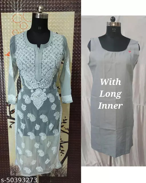 Handwork Embroidere Chikankari Chiffon Makkhi Jall kurti .