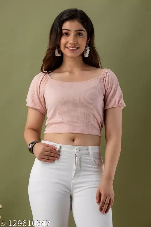 Mialo fashion ribbed knitted top with puff sleeves.