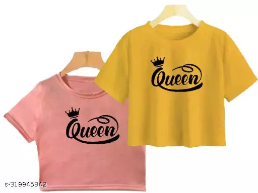 Trendy Feminine Printed Crop Tshirt Round Neck Top For Womens (Combo2)
