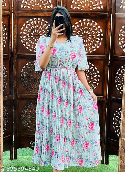 STYLISH GEARGETTE FABRIC LONG PLATTING DRESSS