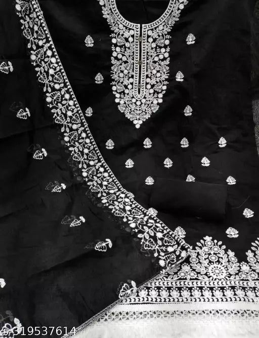 Women's Heavy Cotton Embroidery Work Unstitched Salwar Suit Dress Material With Chanderi Work Dupatta