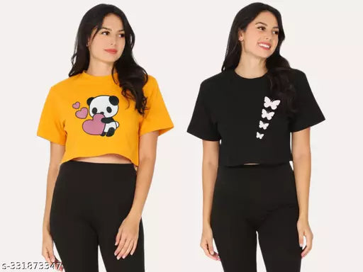 Trendy Feminine Printed Crop Tshirt Round Neck Top For Womens(Pack Of 2)