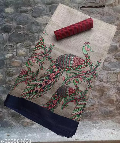 PEACOCK DESIGN LIGHT WEIGHT BEST PRICE ( KHADI -ART SILK MIX MATERIAL) SKIN FRIENDLY SAREE WITH UNSTICHED BLOUSE