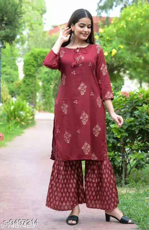 Women's Printed Rayon Kurta with Sharara