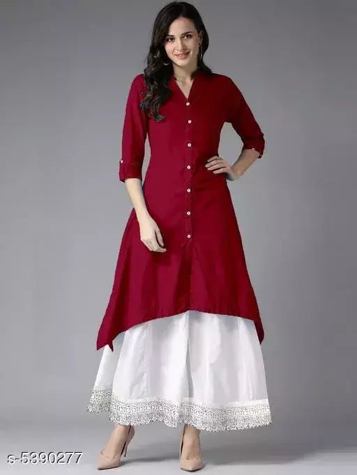 Women Cotton C-Cut Solid Long Kurti With Palazzos